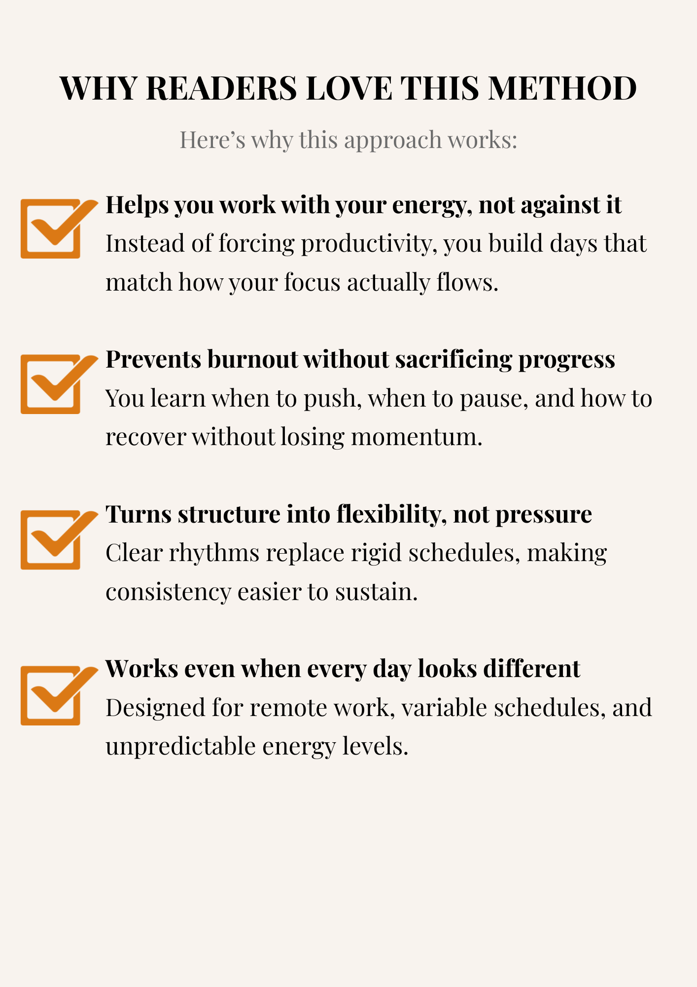 List of key benefits explaining why readers love the Remote Rhythm method.