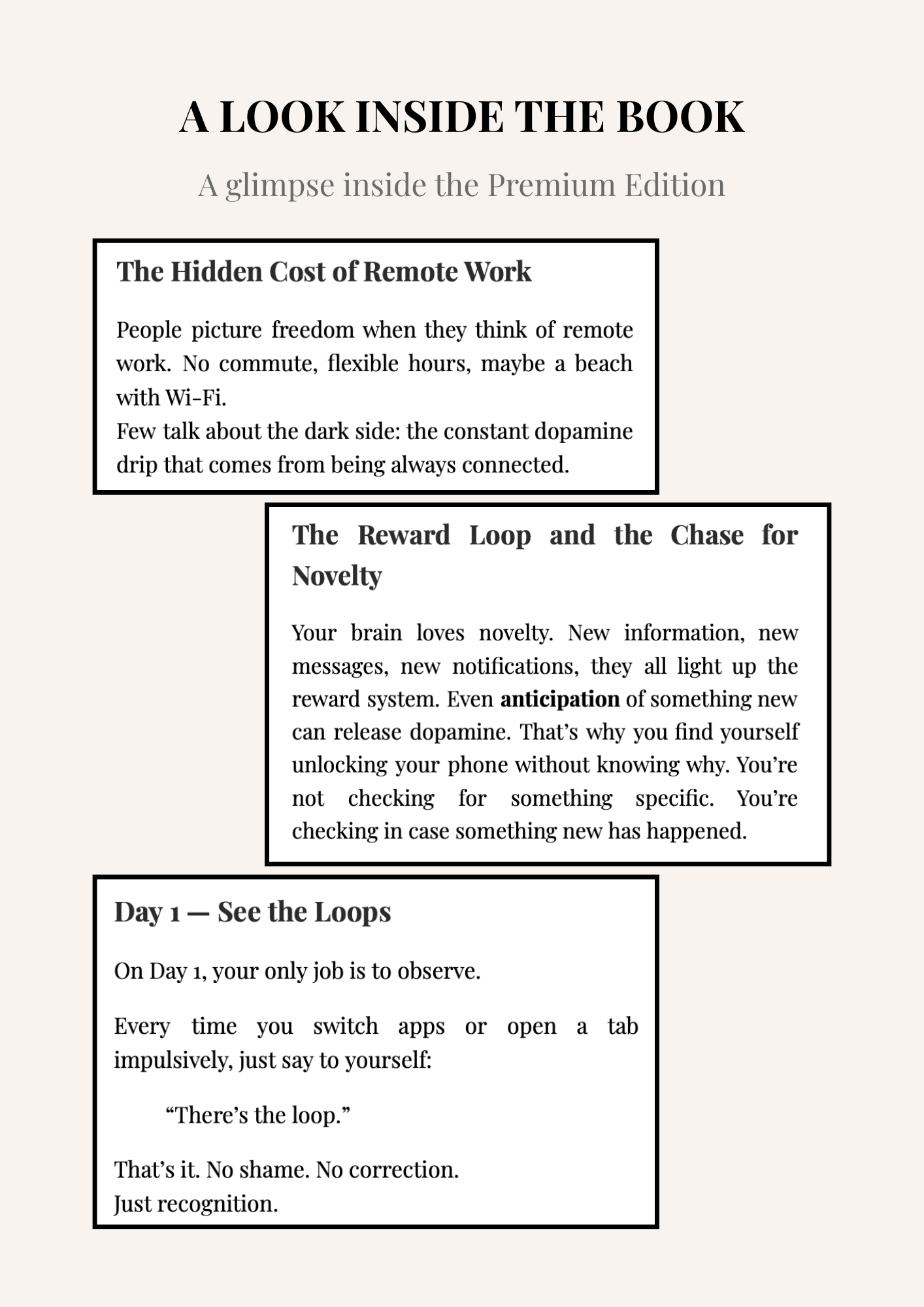 Preview of sample pages from the Dopamine Detox for Remote Workers Premium Edition.