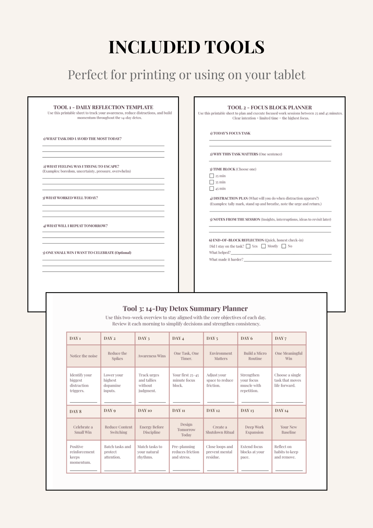 Preview of included resources included in the Dopamine Detox Premium Edition, including daily reflection template, focus block planner, and 14-day detox summary planner.