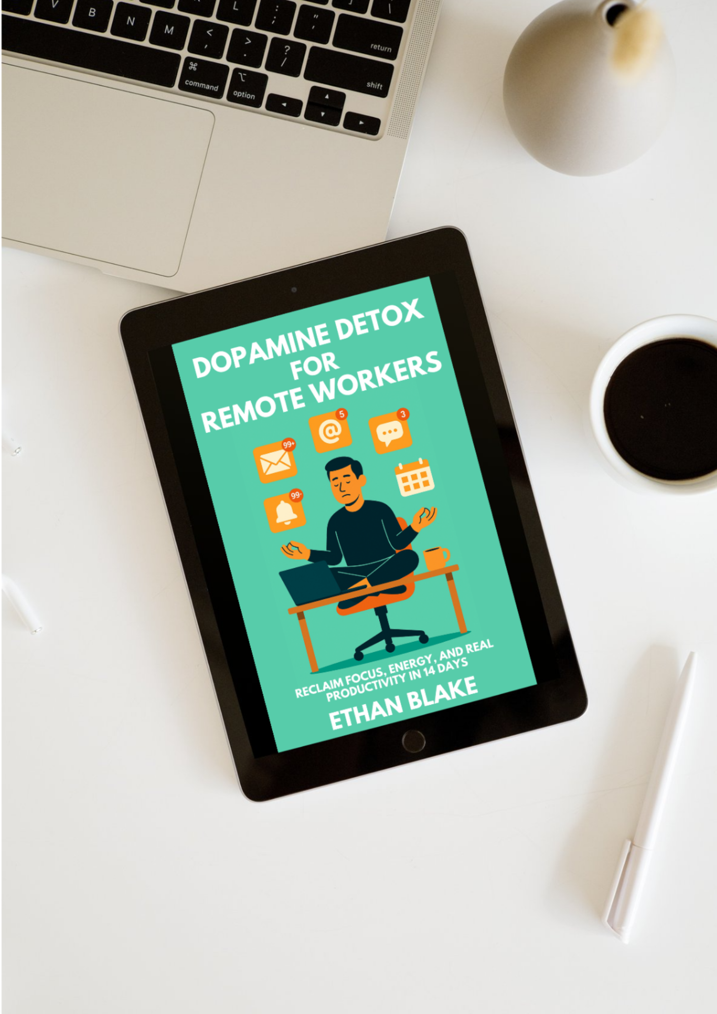 Lifestyle mockup showing the Dopamine Detox for Remote Workers PDF displayed on a tablet.