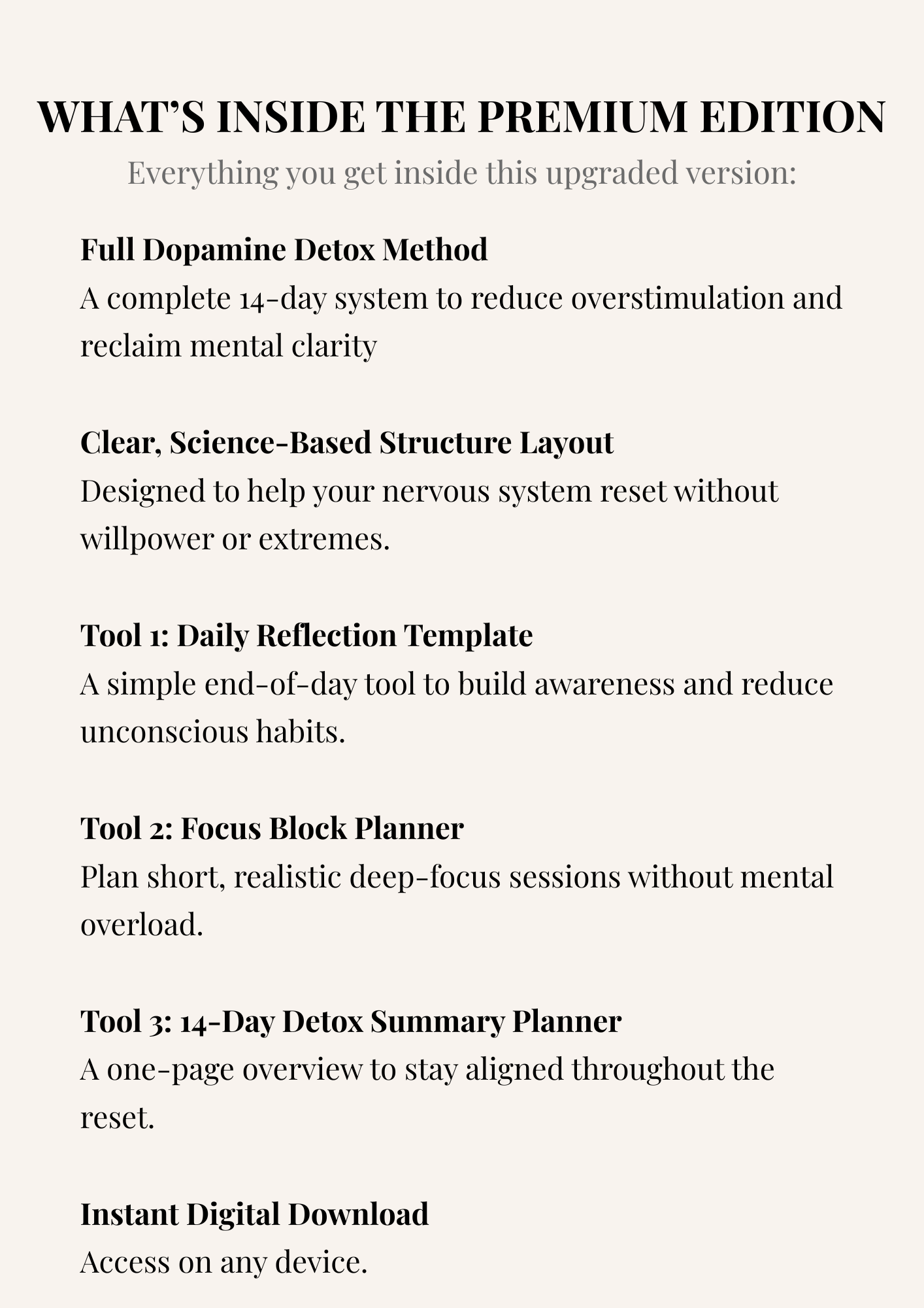 Overview of what is included in the Dopamine Detox Premium Edition PDF, including improved layout and bonus worksheets.
