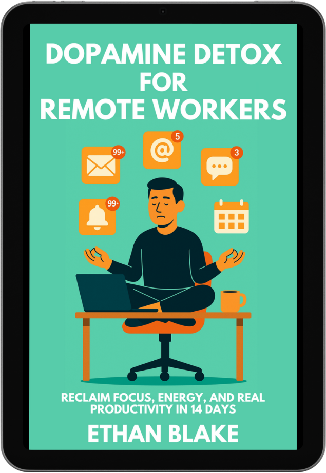 Cover of Dopamine Detox for Remote Workers shown on a tablet, premium digital edition.