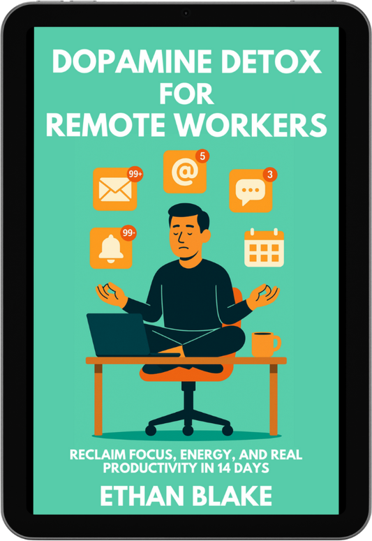 Cover of Dopamine Detox for Remote Workers shown on a tablet, premium digital edition.