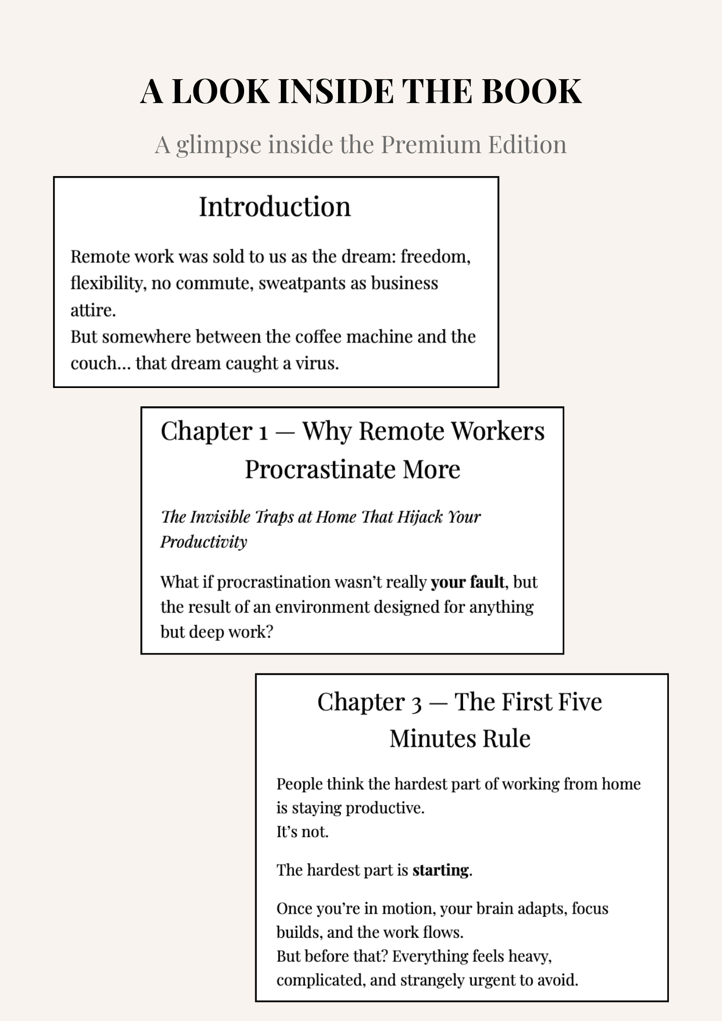 Preview of sample pages from the Kick Procrastination Working From Home Premium Edition.