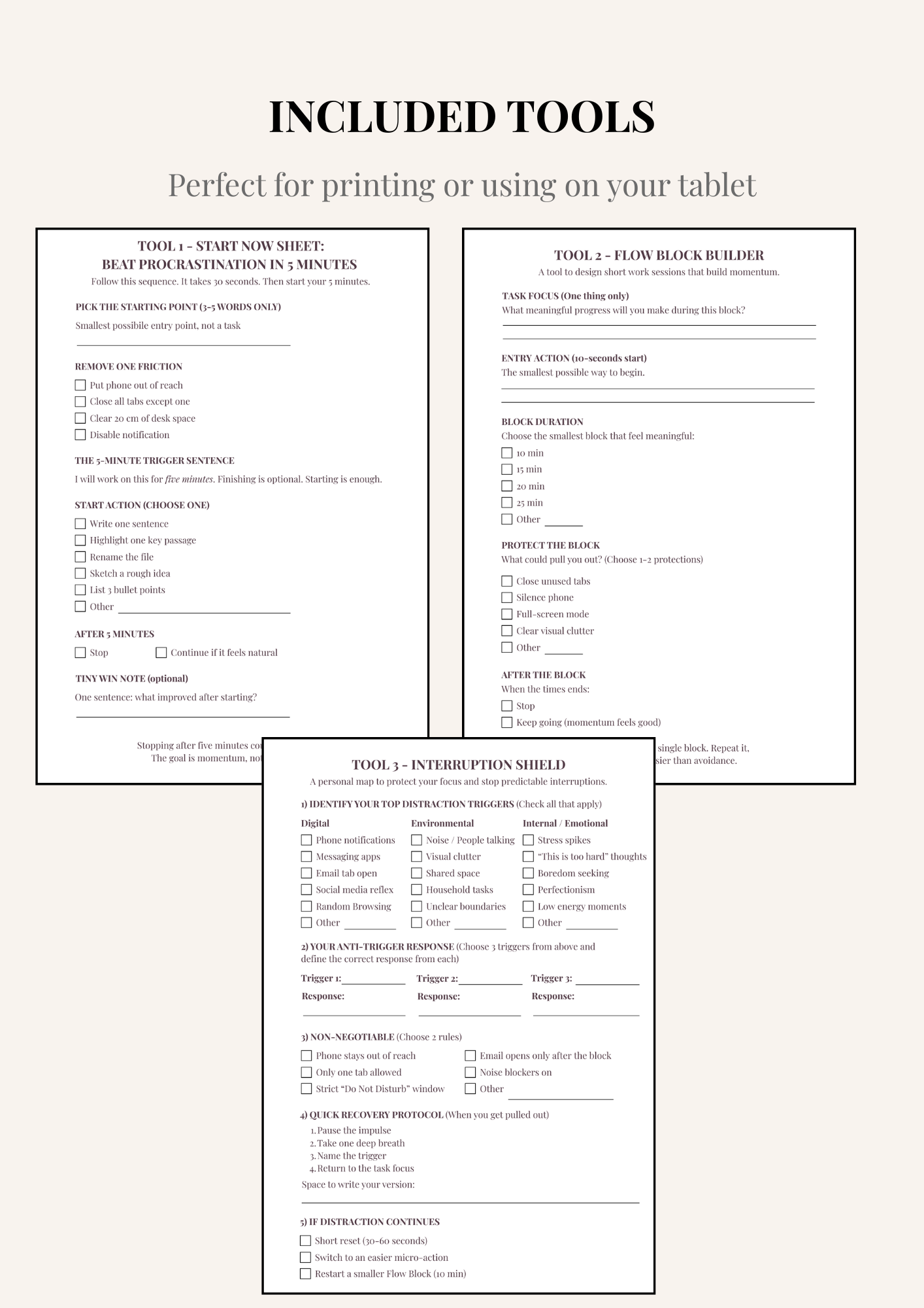 Preview of bonus resources included in the Kick Procrastination Premium Edition, including start now sheet, flow block builder, and interruption shield.