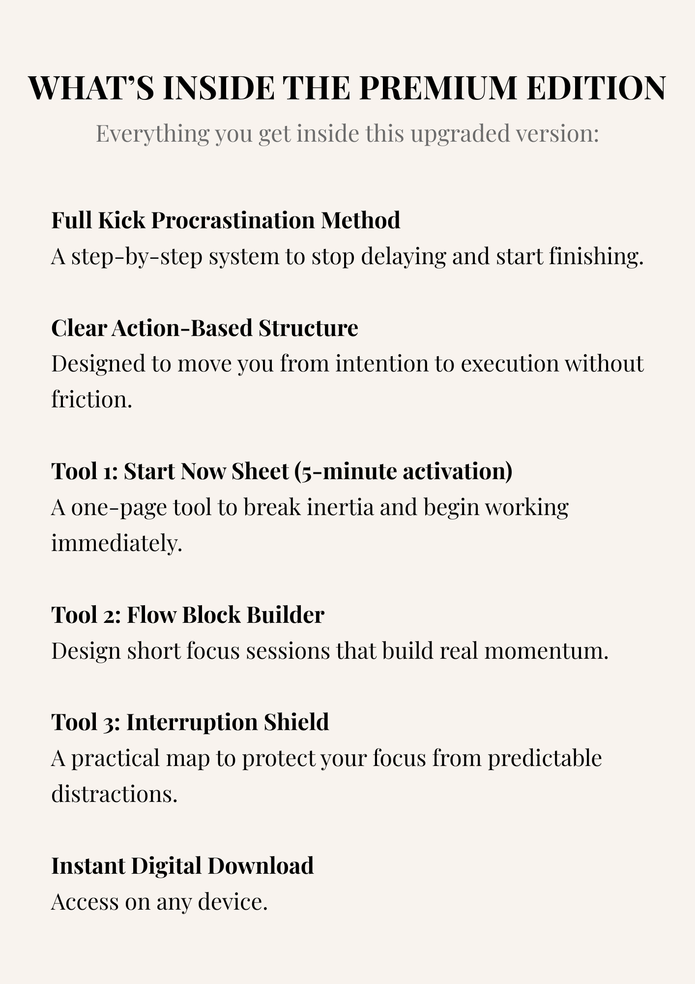 Overview of what is included in the Kick Procrastination Premium Edition PDF, including improved layout and bonus worksheets.