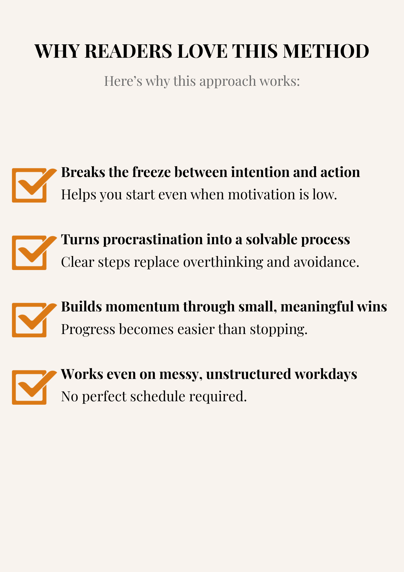 List of key benefits explaining why readers love the Kick Procrastination method.