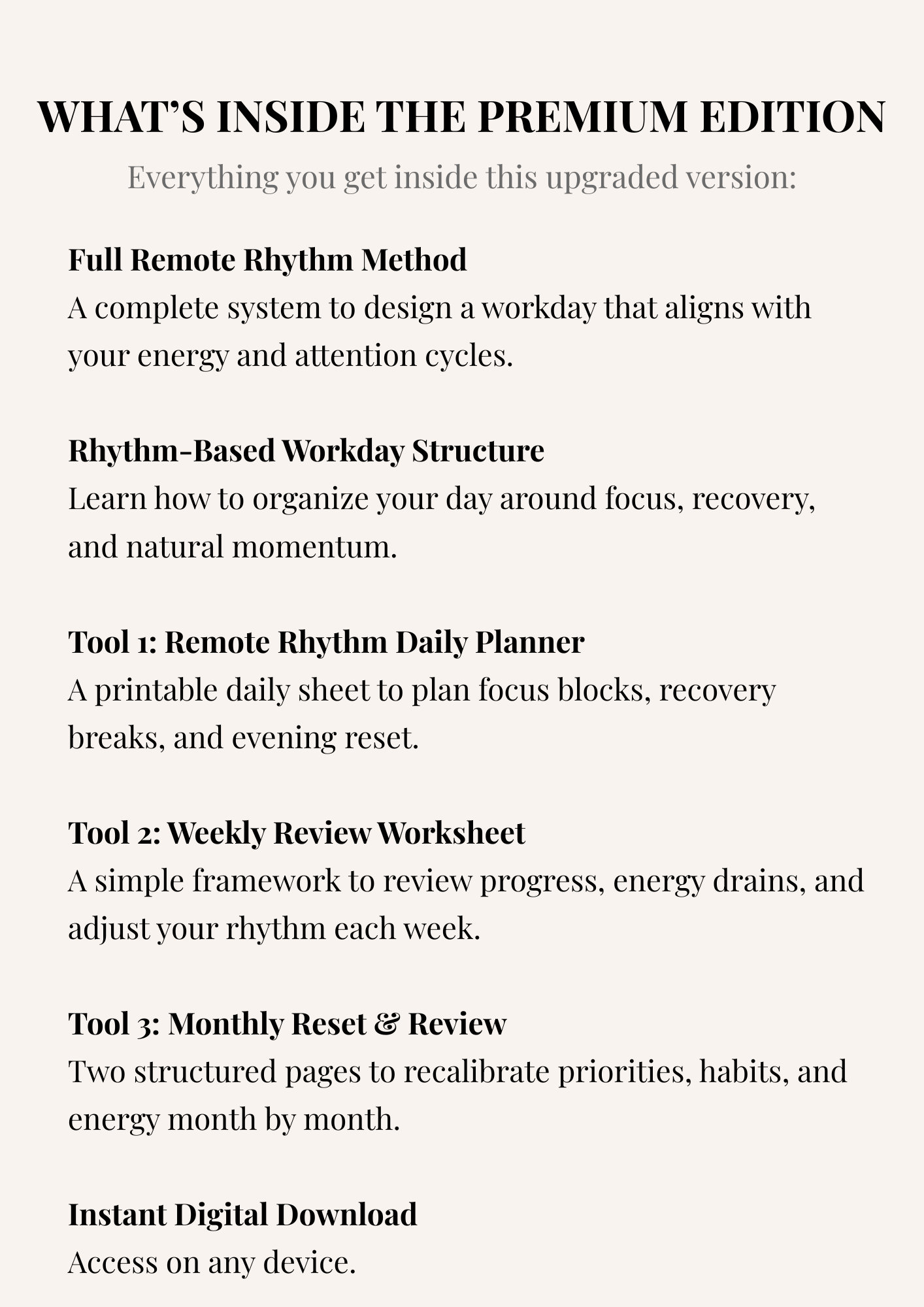 Overview of what is included in the The Remote Rhythm Premium Edition PDF, including improved layout and bonus worksheets.